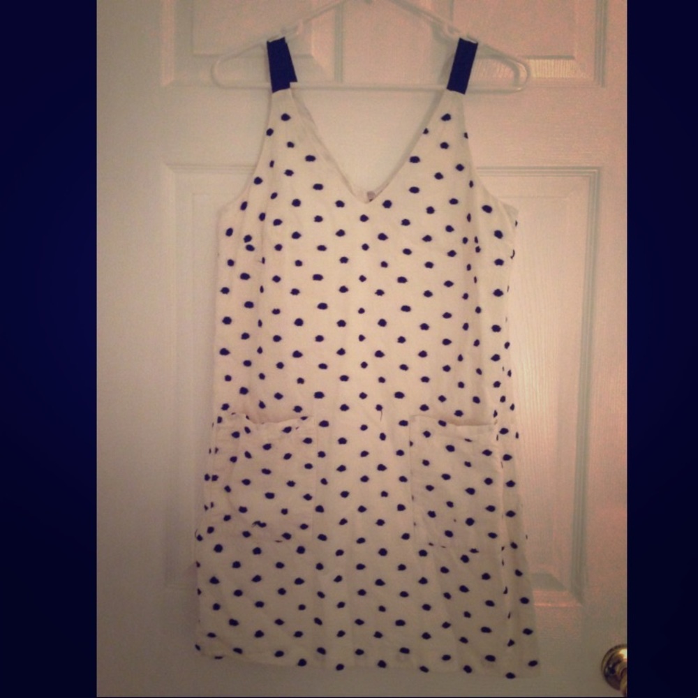 LOFT Navy Blue and White Polka Dot Linen Dress